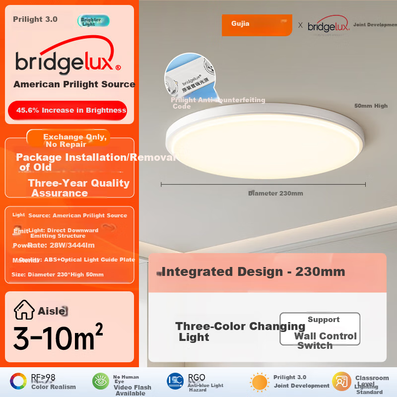 GUJIA LED Ceiling Light for Balcony Hallway Bedroom Eye Protection, Simple Lamp Fixture Lighting with Three Colors [Installation Included]