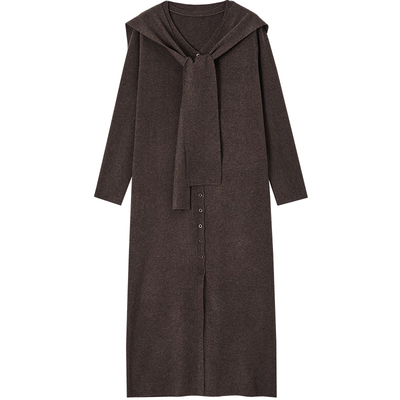 Demana Detachable Shawl Autumn Elegant Slim Velvet Yarn V-Neck Front Slit Mid-Length Women's Dress