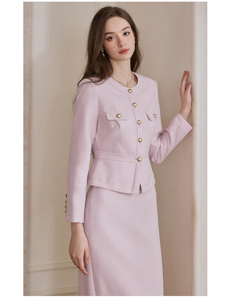 ROEYSHOUSE Premium Little Chanel Style Slim Fit Short Jacket + Skirt Two-Piece Set 09299 Pink M 10