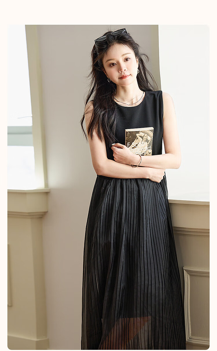 Demana Irregular Waistline Design Spring Literary Pleated Sleeveless Pleated Slimming Women's Dress 2