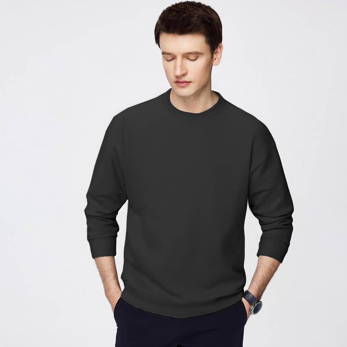 FIRS Fleece-Lined Thickened Men's Sweatshirt Autumn Winter Warm Skin-Friendly Business Casual Solid Color Crew Neck Top