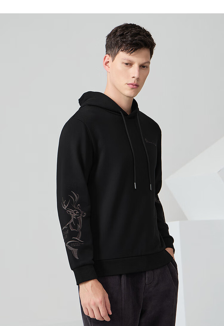 DANCING WOLVES [Jacquard Texture] Autumn And Winter Fashion Versatile Embroidered Hooded Sweatshirt for Men, 001 Black, Size 180 3
