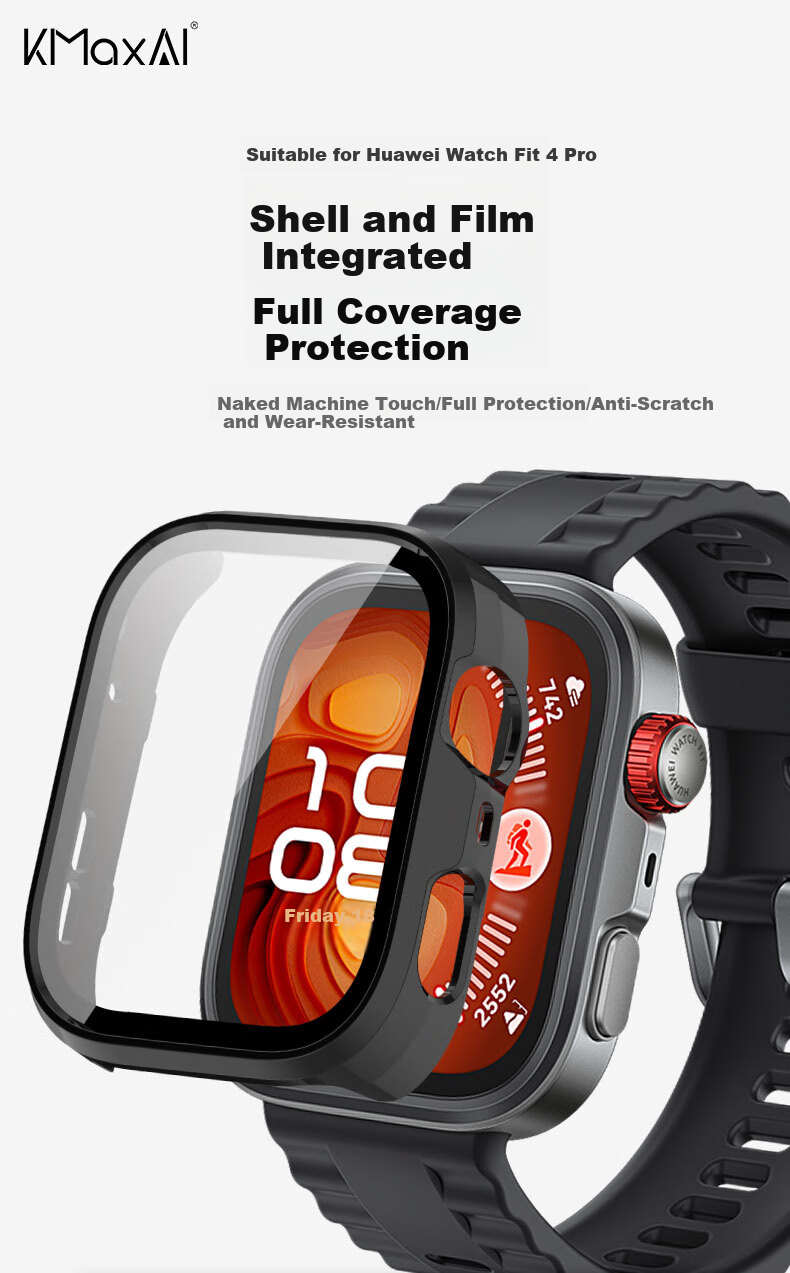 KMaxAI Protective Film And Hard Case for Huawei Watch Fit4 Pro, Full Coverage Screen Protector with Anti-Scratch, Anti-Fingerprint Tempered Glass Film, Matte Pink 1