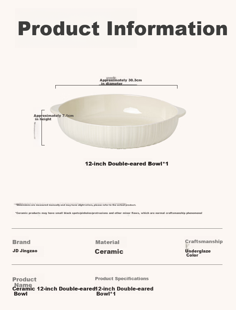 JD Original Large Bowl, Soup Noodle Bowl, Ceramic Salad Bowl for Home Use, Extra-Large Conical Bowl with Super Capacity, 12 Inches*1, White 7