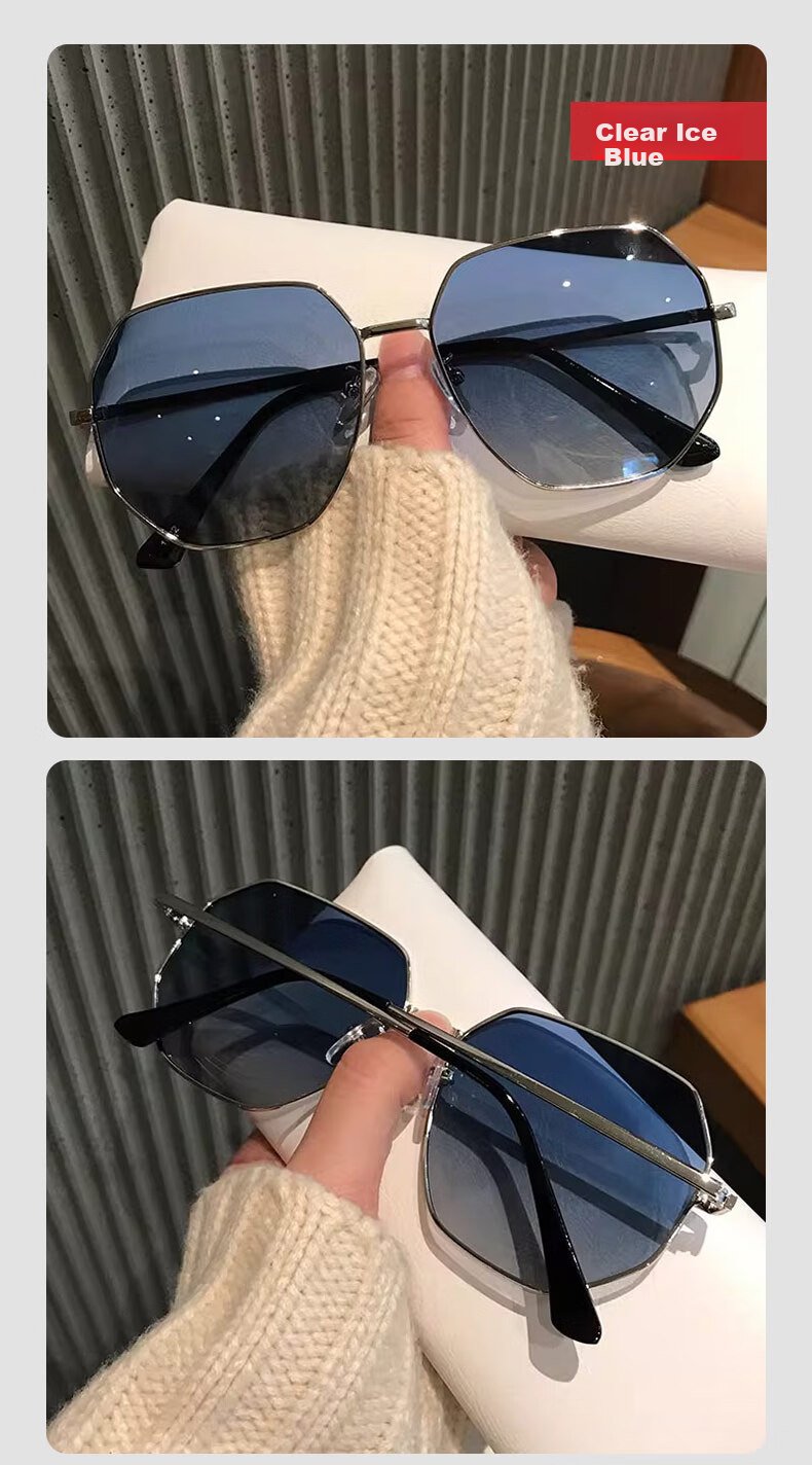 FENCHI Transparent Blue Sunglasses for Men, Polygonal Metal Driving Sunglasses, Korean Style Trendy Beach UV Protection Glasses for Wome 7