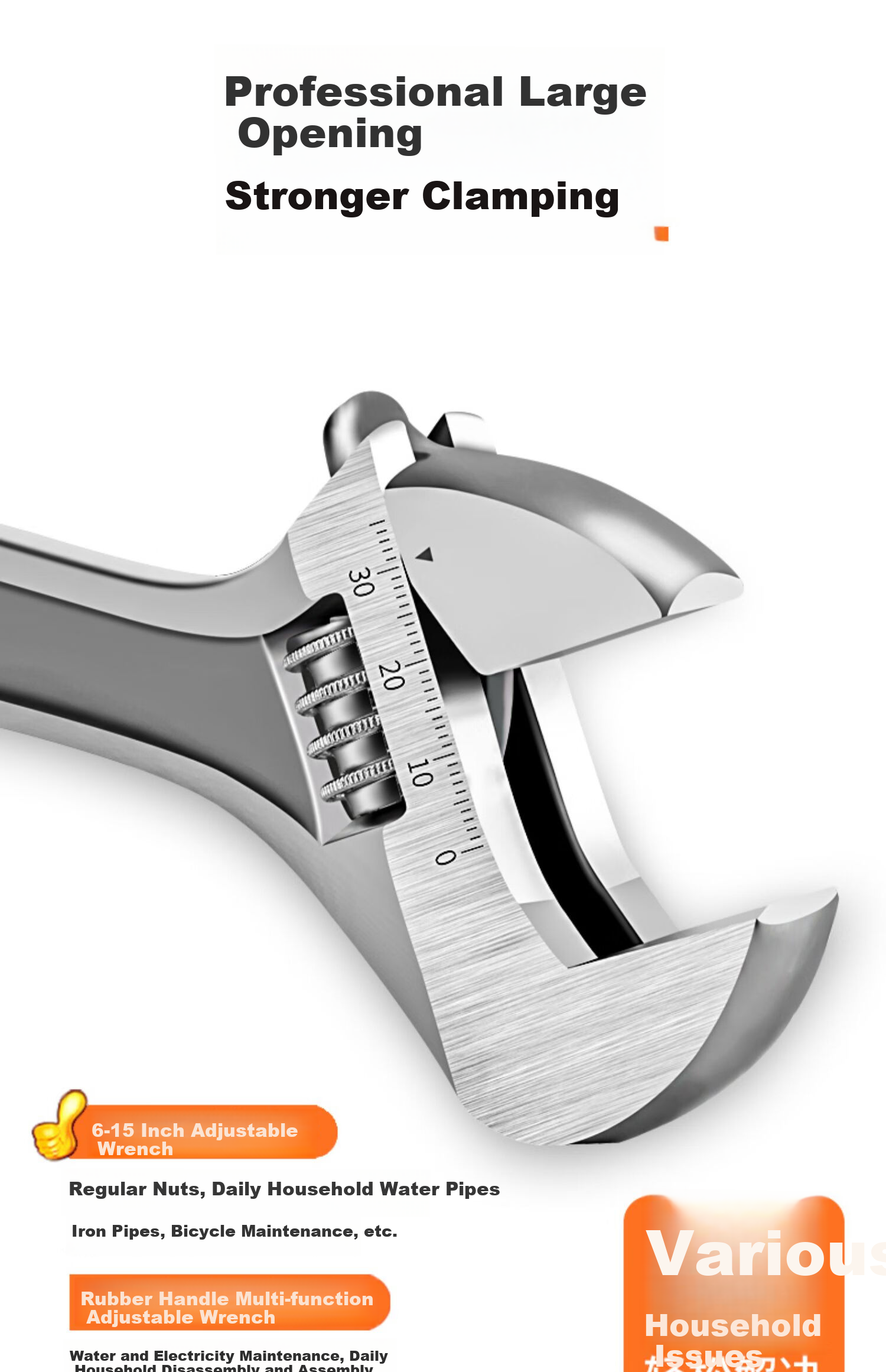 Yanran Universal Adjustable Wrench, Multi-Functional Large-Bore Manual Tool [10-Inch Rubber-Coated Wrench] 1