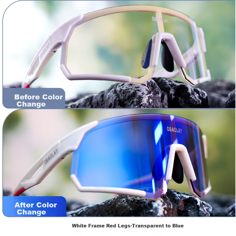 OBAOLAY Photochromic Cycling Glasses for Women, Windproof Professional Outdoor Sports Goggles, White And Red Frame - Photochromic Colorful Blue