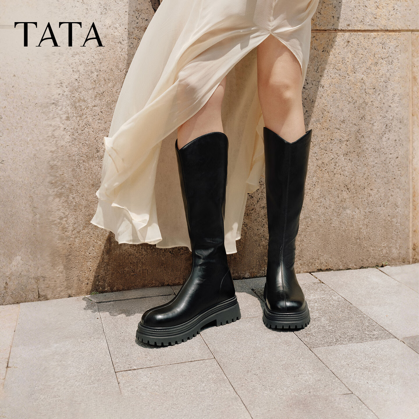 TATA Cai Wenjing Style TATA Soft Candy Boots Elastic Long Boots Thick Sole Knight Boots Black 34