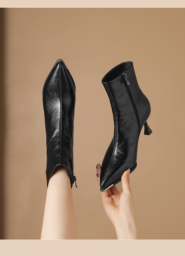 ZHR Pointed Toe Fleece-Lined Women's Ankle Boots Elegant Versatile Commuter Stiletto High Heel Boots BQ137A Black Size 39 3