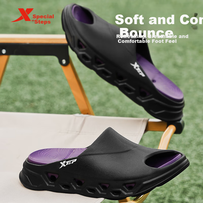 XTEP Sports Slippers, Men's Sandals, Outdoor And Indoor Thick-Soled Beach Slippers for Men, A020 Black And Purple, Size 38-39