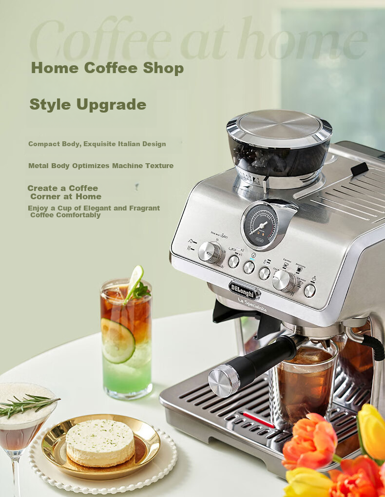 Delonghi Coffee Machine, Home Semi-Automatic Coffee Maker, Cold Brew Version Silver Knight Fresh-Grinding Italian Grinder All-In Machine, Manual/fully Automatic Milk Frother, EC9865.M Gift 4