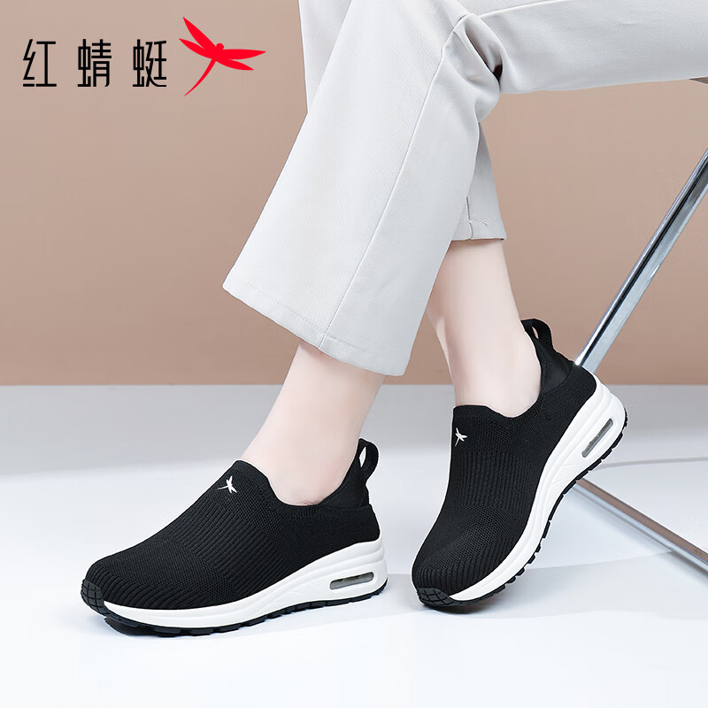 Red Dragonfly Women's Casual Shoes Autumn Breathable Slip-On Lightweight Soft Sole Lazy Height-Increasing Sports Shoes EXB351131 Black Size 35