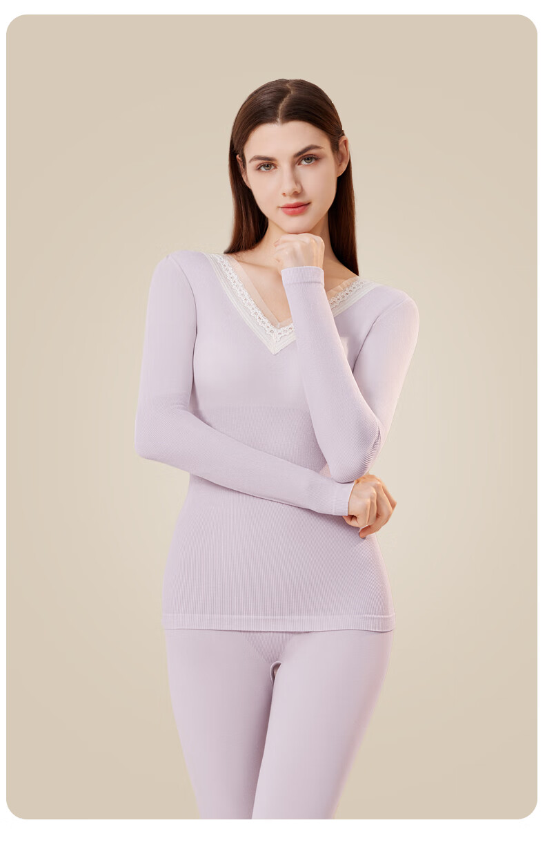 GUJIN Women's Thermal Underwear Set Wool V-Neck Slim Fit Base Layer Autumn Top and Bottom Without Bra 13
