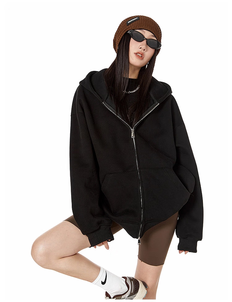 ICH MODE Fleece-Lined American Style Hoodie Jacket Women Autumn Winter Loose Fit Double Zipper Cardigan Lazy Long Sleeve Coat Black L 11