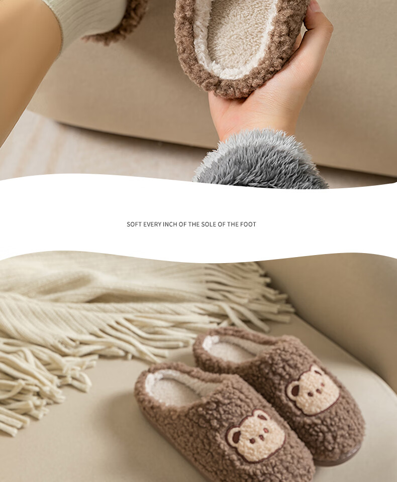Runrou Women's Cotton Slippers Autumn Winter Warm Fleece Cute Indoor Home Couple Men's Antibacterial Deodorant 18