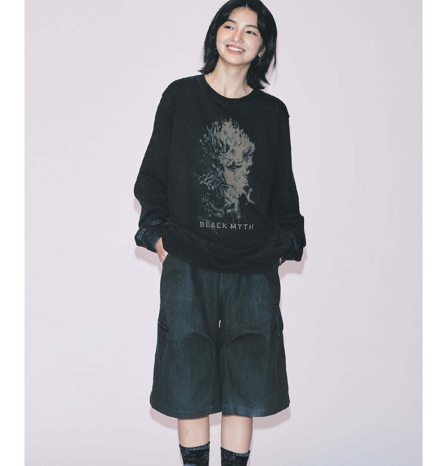 Heishenhua Tianmingren Long-Sleeve Sweatshirt, Unisex Washed Vintage Style with Tianmingren Logo Print, All-Cotton Loose Round Neck Pullover Sports Top, Size S 3