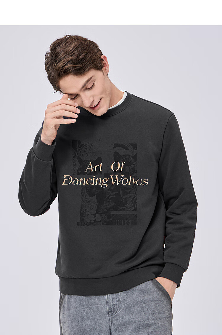 Dance with Wolves [Heat Retention & Thickened Fleece] National Trend Embroidered Round Neck Thermal Antibacterial Sweatshirt 015 Dark Gray L 9