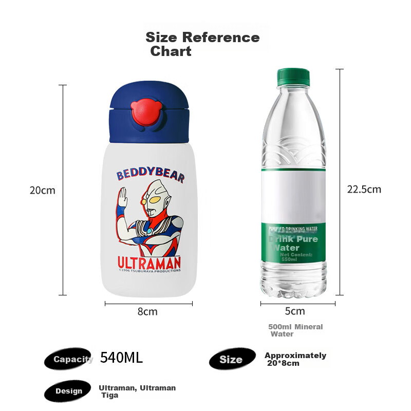 BEDDYBEAR Ultraman Children's Insulated Cup with Four Lids, Three-Way Straw, Large Capacity Water Bottle for Students, 540ml Diga 7