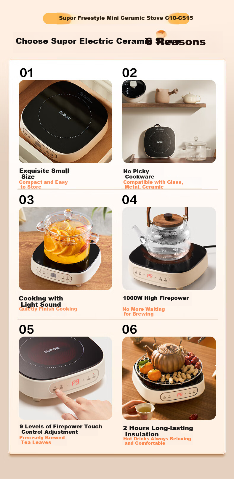 SUPOR Ceramic Cooker, Electric Tea Brewing Induction Stove, Household Electromagnetic Stove, New Mini Compact Simple High-Power Rapid Heating Quiet Hot Pot Surrounding Stove Tea Brewing Cooker C10-CS15 1