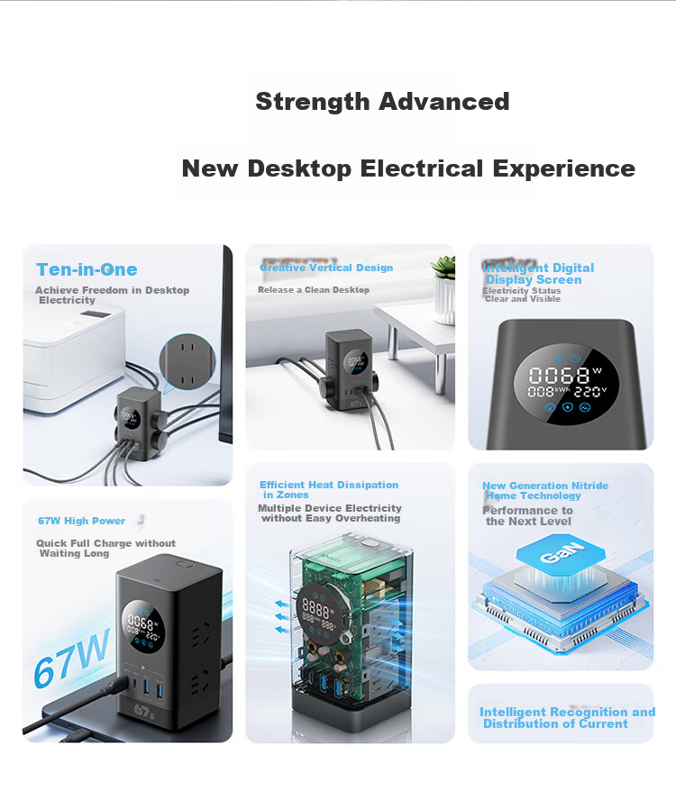 BULL New National Standard Smart Digital GaN 67W PD Apple Fast Charging Vertical Power Strip / Surge-Proof USB Laptop Power Strip with 3C Certification, 2C2A + 6 Sockets, 3 Meters Long 2