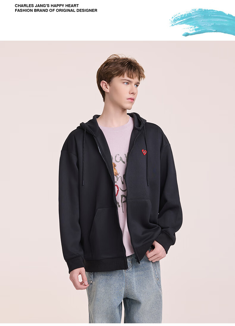 Charles Peach Heart New Autumn Love Embroidery Print Couple Jacket American Style Hooded Versatile Cardigan Sweatshirt Black S 6