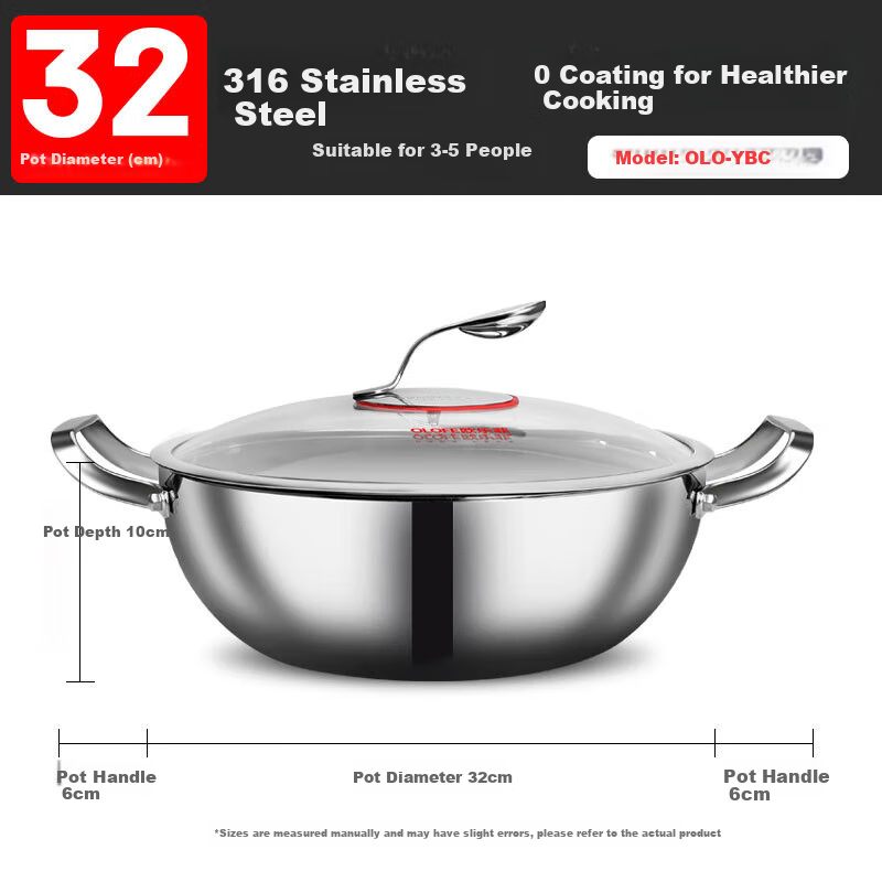 OLOFE Hot Pot Cookware, 316L Stainless Steel Soup Pot, Suitable for Open Flame And Induction Cookers, Baoshi Kangyuanbao Multifunctional Double-Handled Pot, 32CM