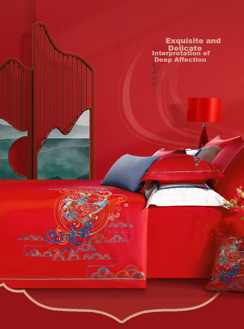 FUANNA Bedding Set of Six Pieces, 60-Count Long-Staple Cotton Wedding Bedding Set with Plain Embroidery Bed Sheet And Duvet Cover, 230*229cm, Phoenix Dance Patter 5