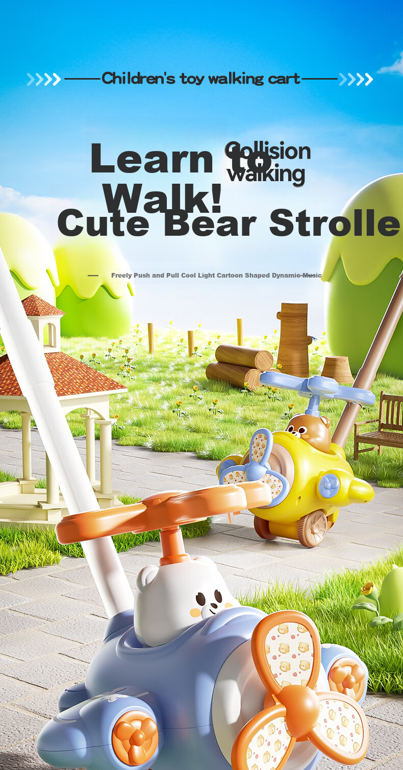 Huangen Push-Push Airplane Toy, Learning Walker with Lights And Music, Baby Walking Pushcart for Infants And Toddlers Aged 1-2 Years Old 1