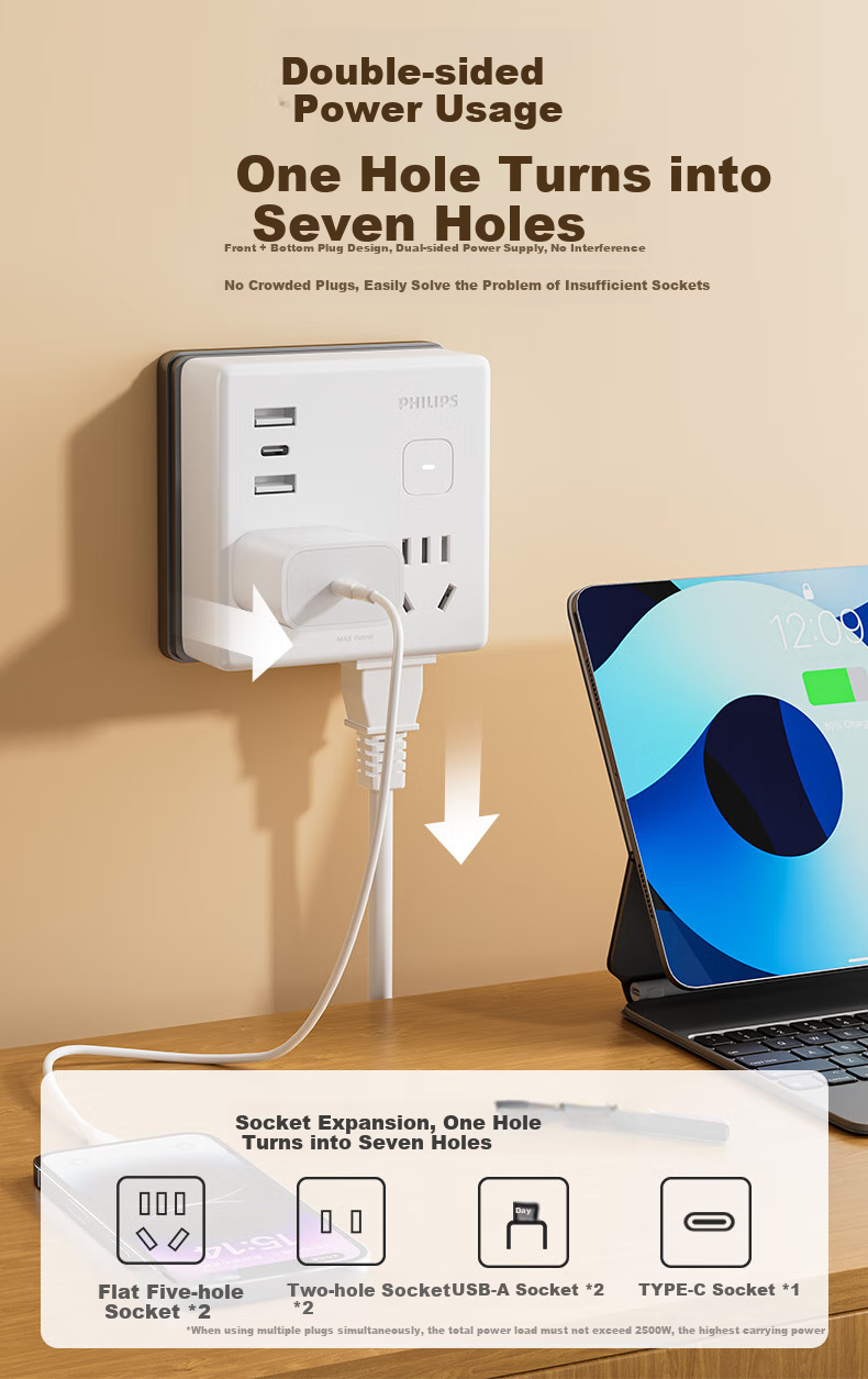 PHILIPS Mini USB Socket Expander 12W 1A1C Converter 3-Outlet Extension Socket Dorm Wall Bedside Multi-Function Wireless 1-to-5 Socket Adapter 7