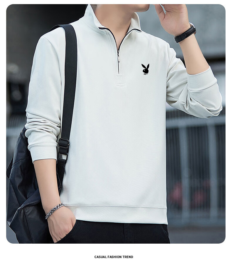 PLAYBOY Sweatshirt for Men, Spring And Autumn Long-Sleeve T-Shirt, Casual Loose-Fitting Sports Tee, Base Layer, Army Green, 2XL 4