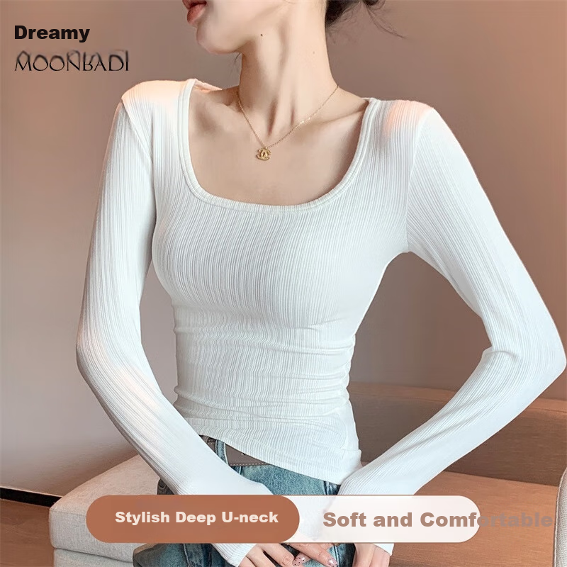 Moonbadi Women's Summer Thin Underwear, Retro Large U-Neck Slim-Fit Base Layer, Suitable for Inner Wear Or Outer Wear, Long Sleeve