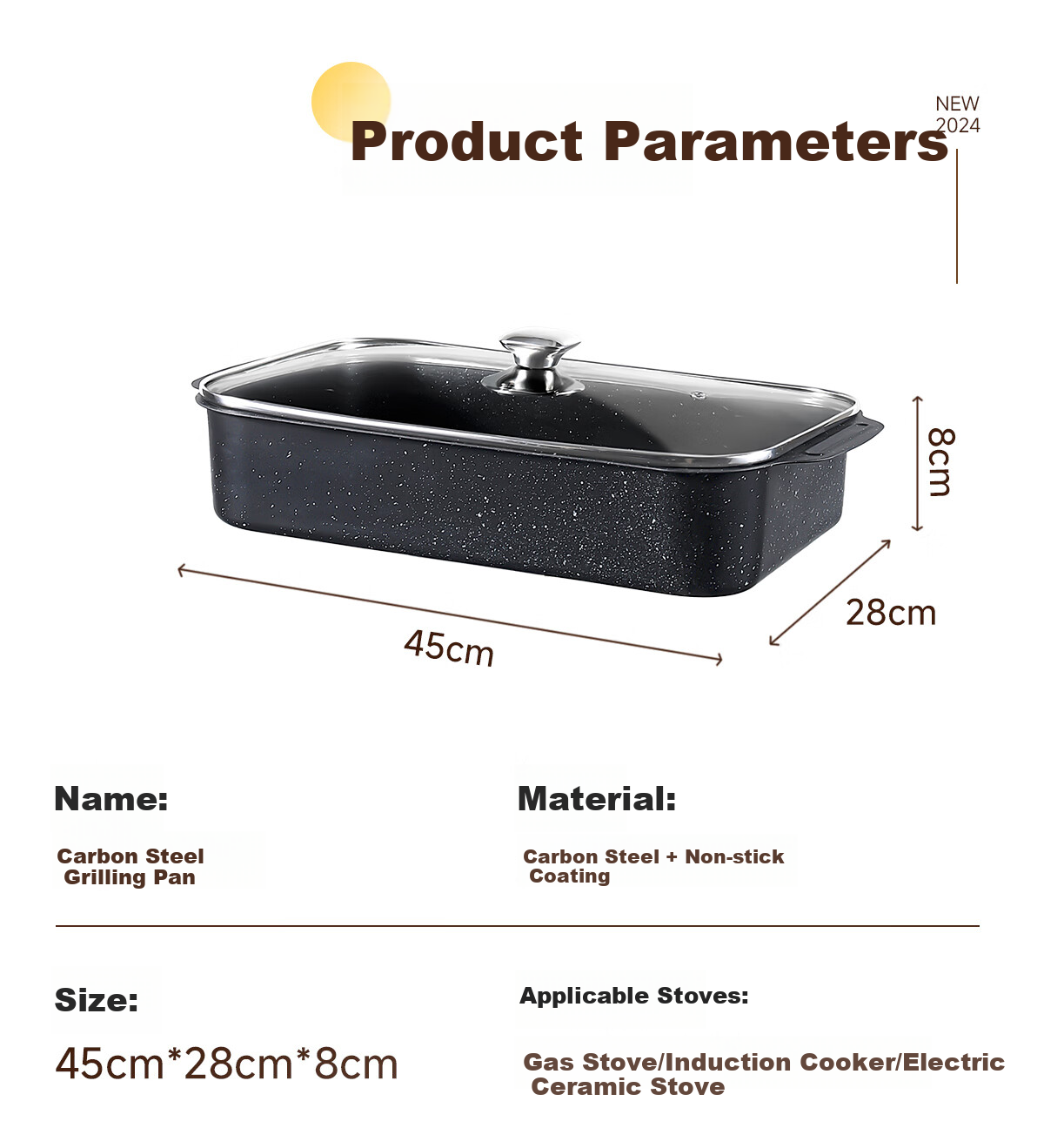 PAKCHOICE Rectangular Fish Grilling Pan with Lid, Specialized Grill Pan for Induction And Gas Stoves, Carbon Steel Non-Stick Baking Tray for Home Use 32