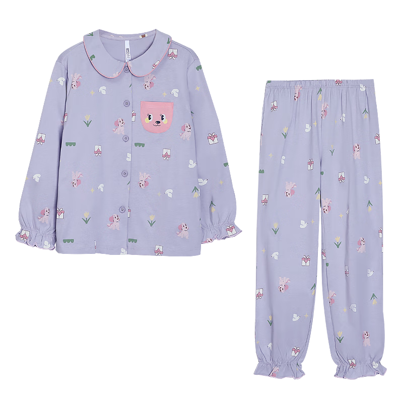 Hodohome Children's Pajamas, Girls' Class A Pure Cotton Loungewear, Cartoon All-Over Print Long-Sleeve Cardigan Set, 106 150