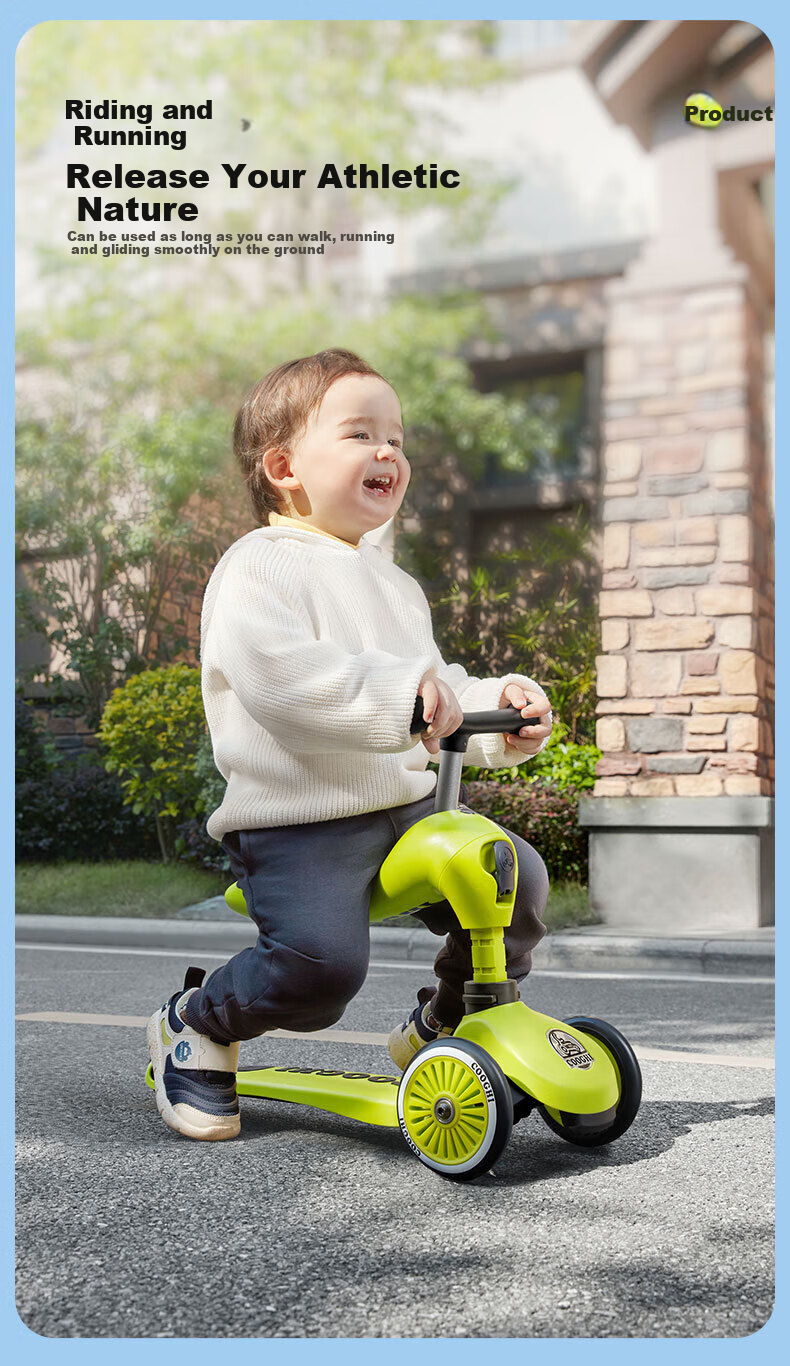 COOGHI Children's Scooter V2 Two-In Multifunctional Kids' Bike, Gravity Steering, Quiet, for Ages 1-5, Birthday Gift, Classic Gree 10