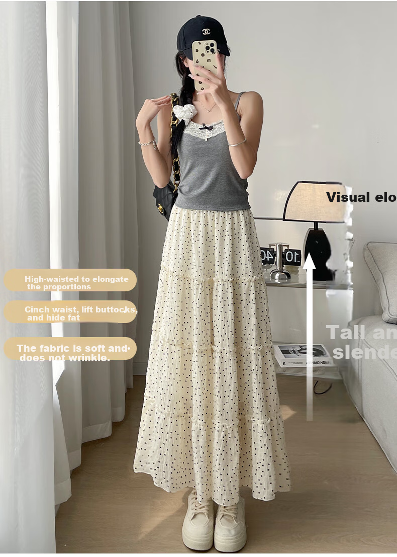 Langsha French Style White High-Waist Elastic Waist A-Line Polka Dot Long Skirt Japanese Style Cake Skirt for Women 2026 Summer 6