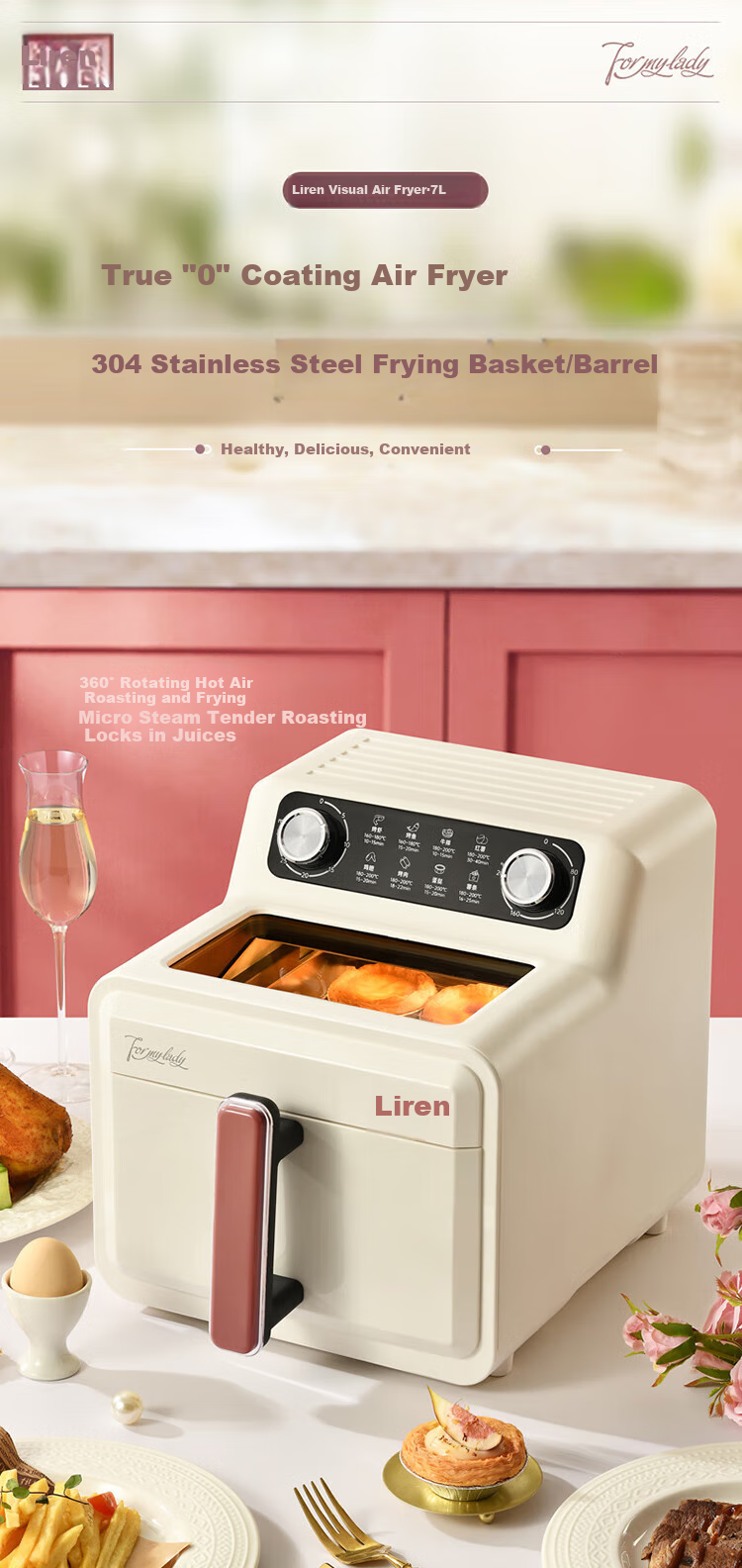 Liven Air Fryer for Home Use, Non-Coated 304 Stainless Steel Frying Basket Inner Pot, 7L Visible Large Capacity Can Roast Whole Chicken, Metal Interior No Need to Flip Food in Oven KZ-J7179 2