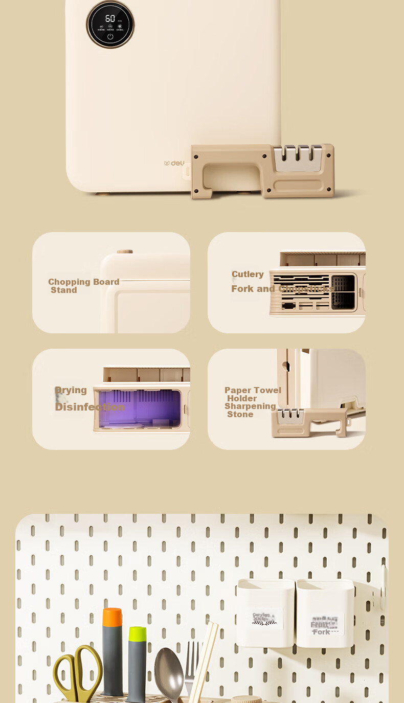 Deli Knife, Chopsticks And Cutting Board Sterilizer Detachable Cleaning Knife And Chopsticks Tube Storage UV Sterilization And Anti-Mold Drying Machine Super Strong Hot Air Built-In Knife Sharpener 3