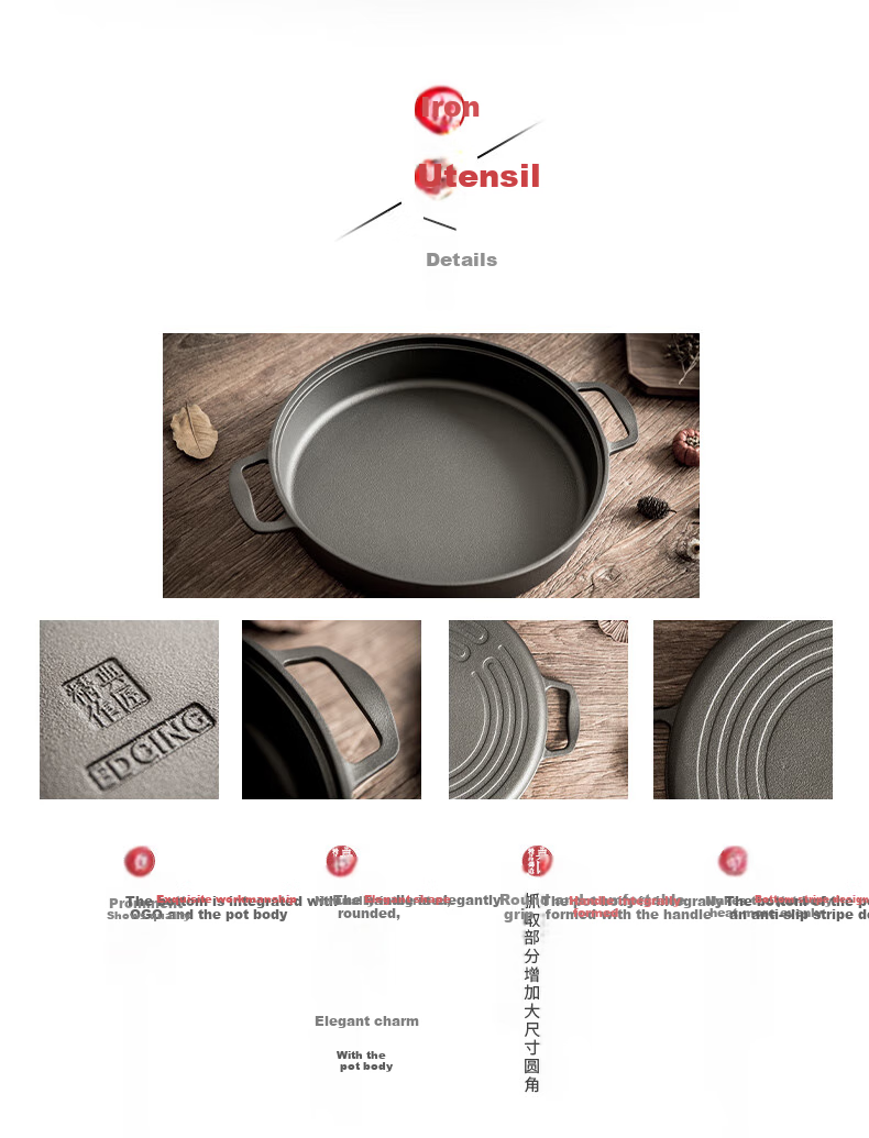 Dianjiang Cast Iron Skillet, Thick Flat Bottom Pan without Coating, for Pancakes And Eggs, 32cm, Home Use Steak Frying Pan, Deep Iron Skillet 5