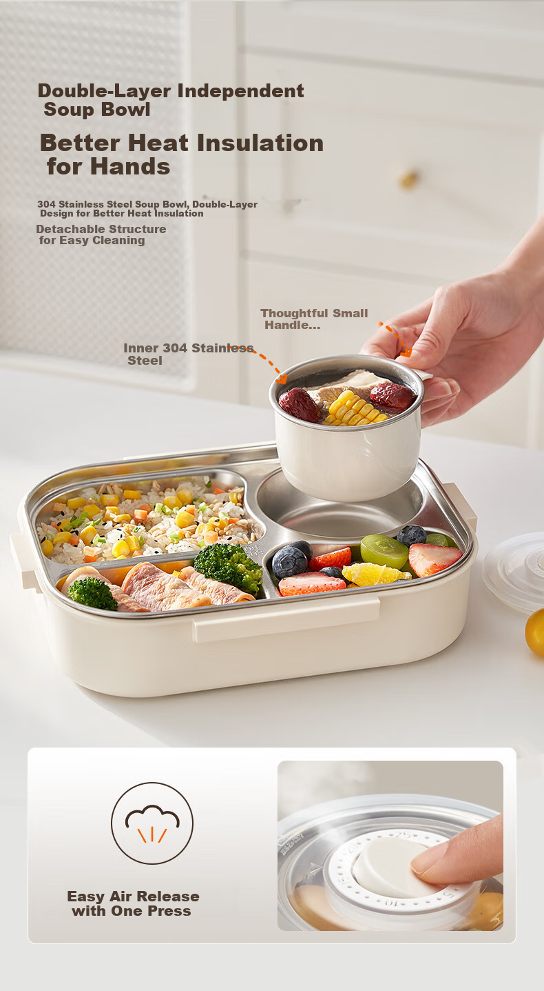 Joyoung 316L Lunch Box for Students And Office Workers, Bento Box with Chopsticks And Spoon, Large Capacity Four-Compartment Meal Container, 1500ML, White 6