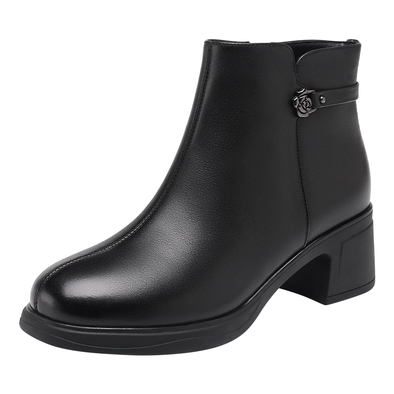 Red Dragonfly Women's Winter Fleece-Lined Warm Short Boots, Mom Boots, Chunky Heel, Versatile Soft Sole Cotton Boots WTC457601H Black Size 36