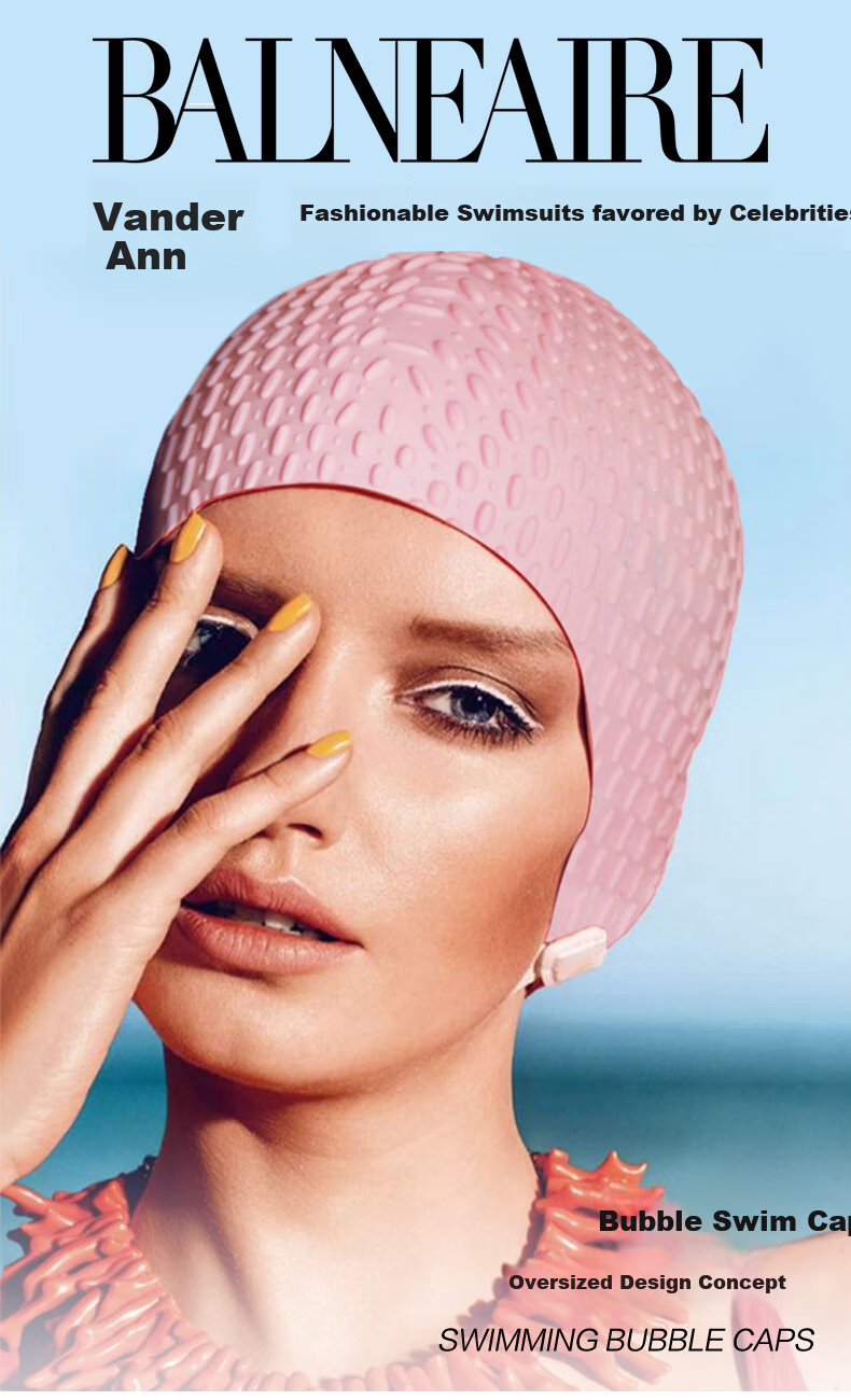 BALNEAIRE High-End Extra-Large Fashionable Bubble Swim Cap, Ultra-Elastic Waterproof Ear Protection, Large Swimming Pool Swim Cap, Ice Cream Pink 1
