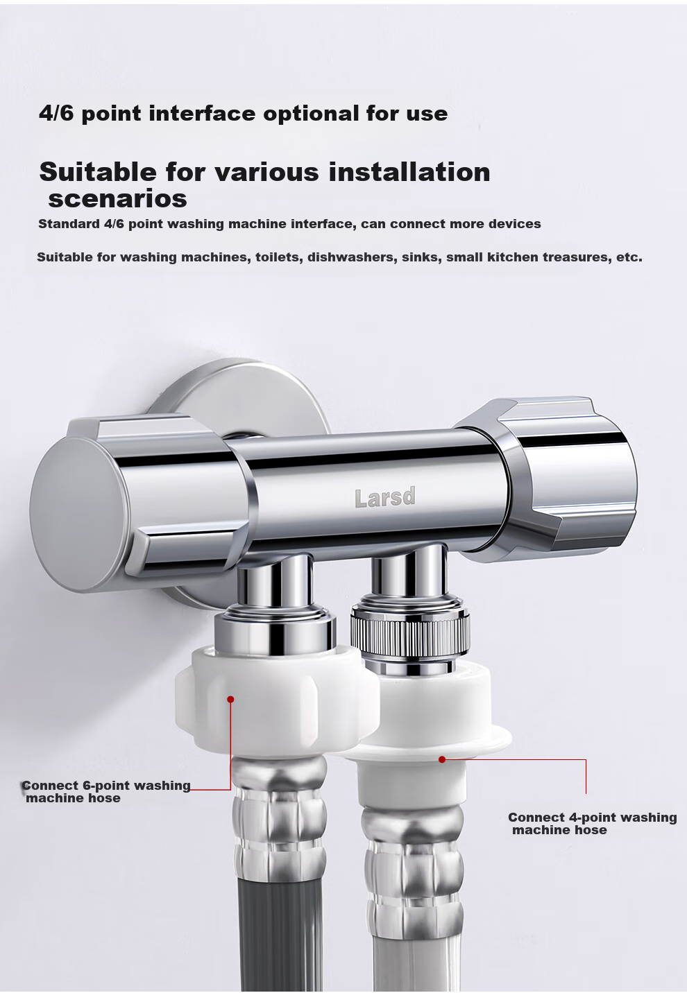 Larsd Dual-Purpose Angle Valve, One Inlet Two Outlets, Triangular Valve, One to Two, Figure-Eight Valve, with 4/6 Points Washing Machine Interface LD10217 9