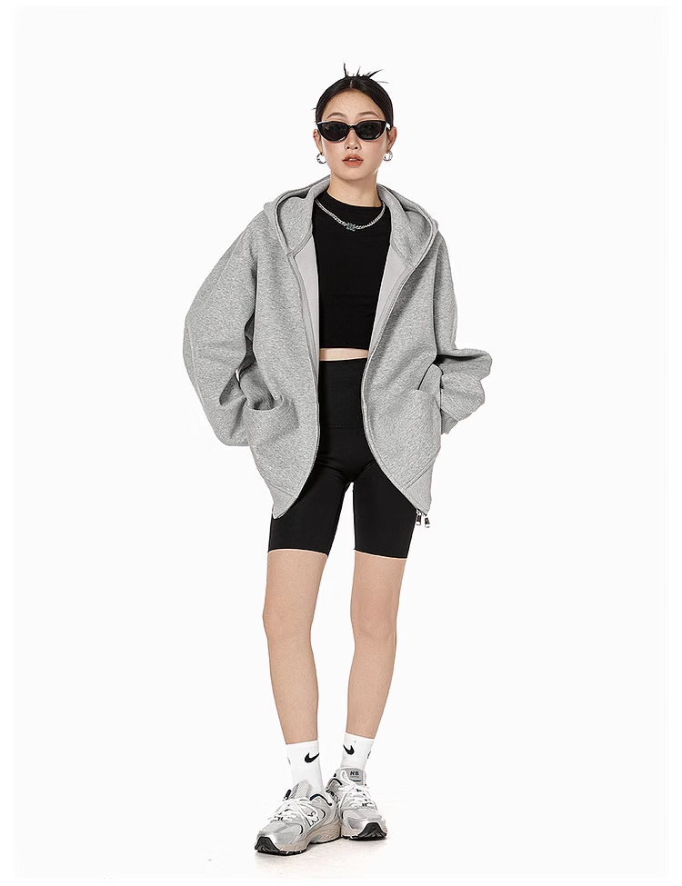 ICH MODE Fleece-Lined American Style Hoodie Jacket Women Autumn Winter Loose Fit Double Zipper Cardigan Lazy Long Sleeve Coat Black L 4