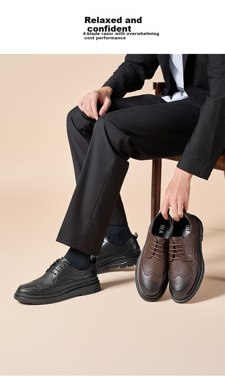 HLA Men's Leather Shoes, Retro Carved Breathable Business Leather Shoes HAAPXM2EAV107, Black Perforated Style, Size 38 3