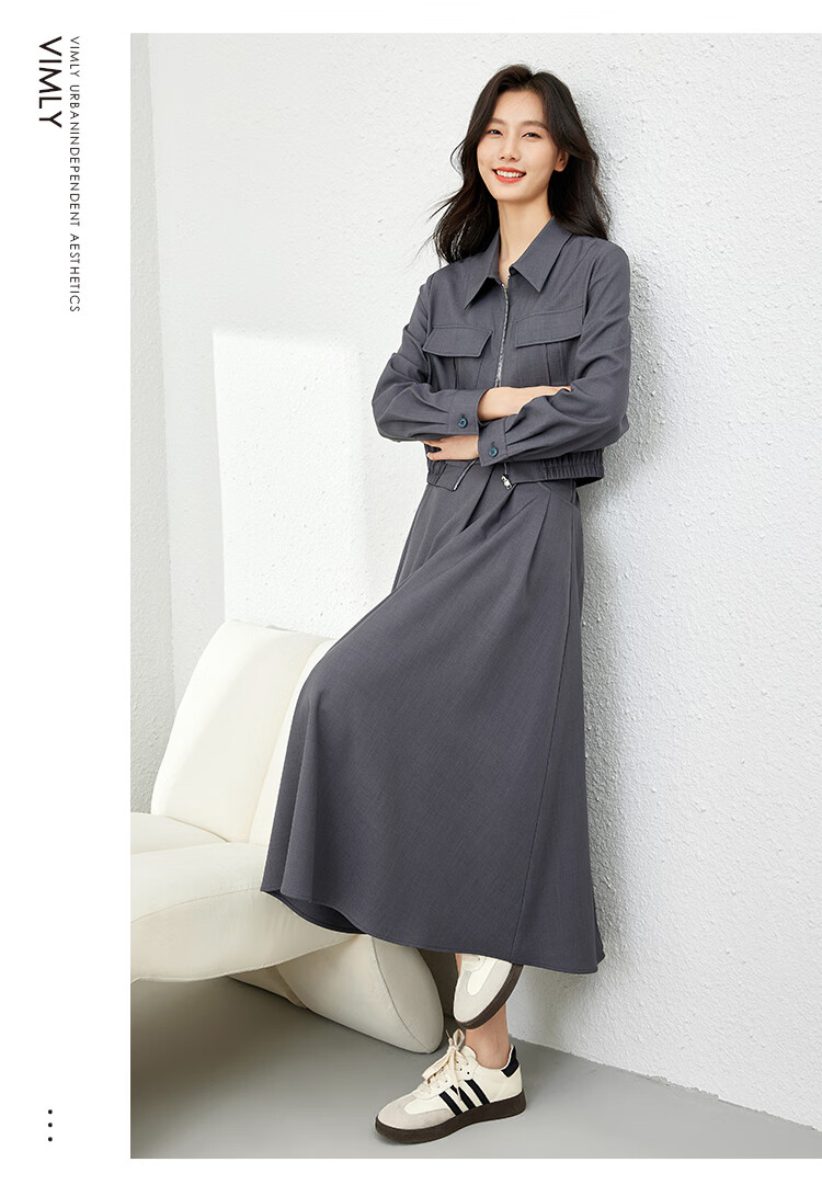 Vimly Women's Stylish Two-Piece Dress Set Spring New Elegant High-Quality Top Gray M 13