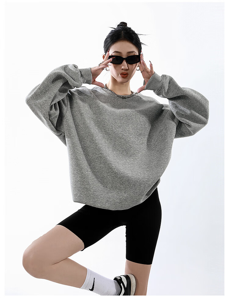 ICH MODE Women's American Style Crew Neck Solid Color Sweatshirt Spring Autumn New Loose Lazy Pullover Long Sleeve Top Black M 9