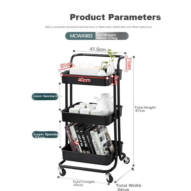 Maxcook Kitchen Storage Rack, Black Floor-Standing Three-Tier Storage Shelf Cabinet, Mesh Basket Trolley Rack MCWA983