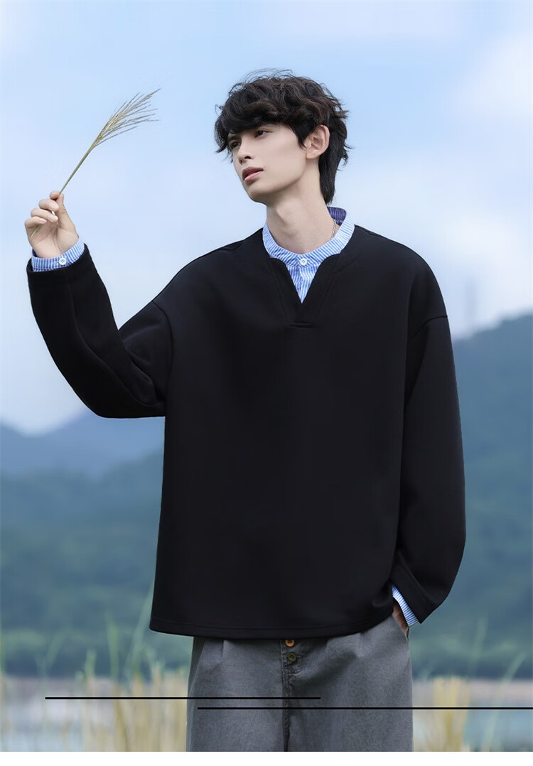 Homlean Men's American Casual Two-in-One Sweatshirt Autumn Loose Vintage Polo Shirt Versatile Top HP05 Ultimate Black 3XL 1