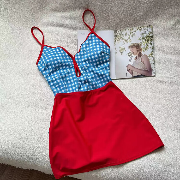 OMOM New Fresh Plaid Student One-Piece Swimsuit Women Triangle Slimming Hot Spring Vacation Swimwear Plaid XL 5