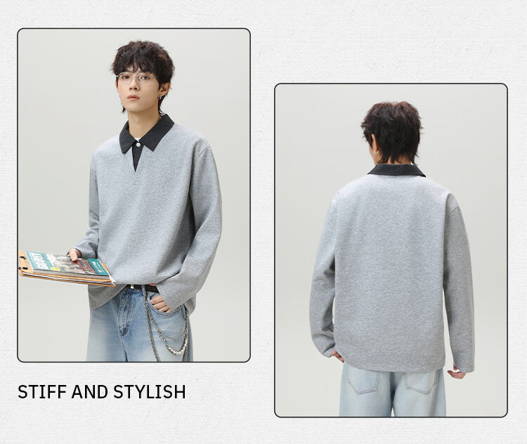 Homlean American Style Two-Piece Collar Sweatshirt Men Autumn Winter Trendy Loose Casual Polo Shirt HX13 Black XL 3